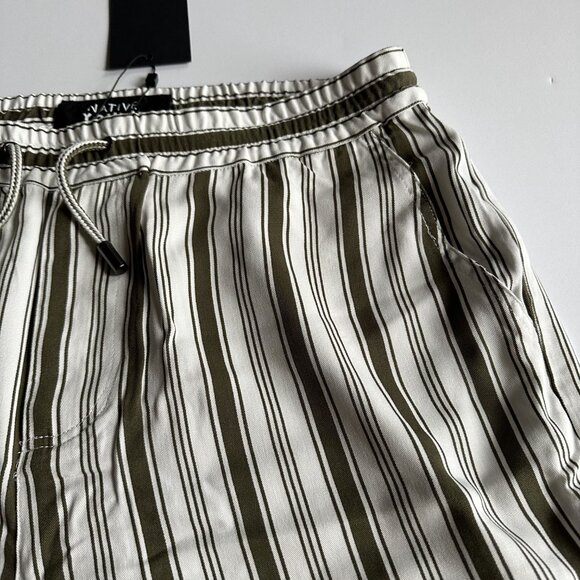 NATIVE YOUTH Olive Green/ Cream Farrell Striped Shorts - Picture 2 of 7